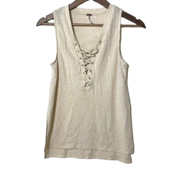 Poof Ribbed Lace Up Tank Top Beige Small - Picture 1 of 9